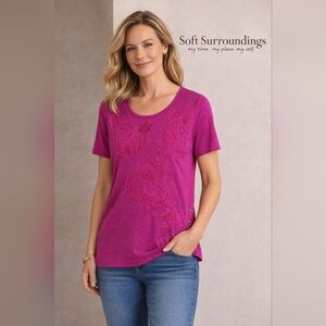 NWT Soft Surroundings Embroidered Tee Fuchsia Pink Size Small Boho Chic